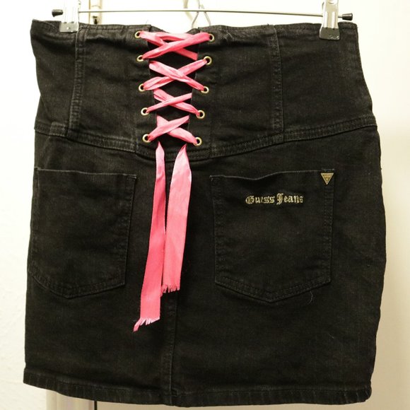Guess jeans Stretch Extensible Black Mini Skirt 29 inch waist Pink Lace up back - Picture 1 of 3